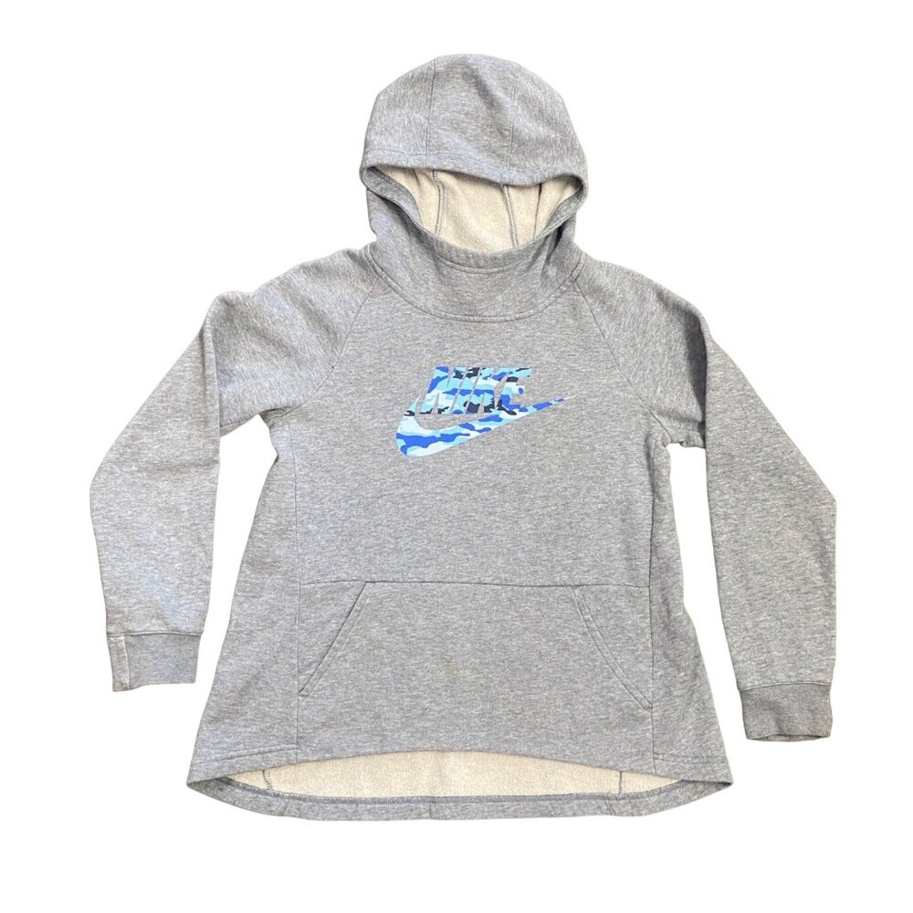 Nike Girls M Gray Pullover Hoodie Kangaroo Pockets Blue Camo Logo Swoosh Fall